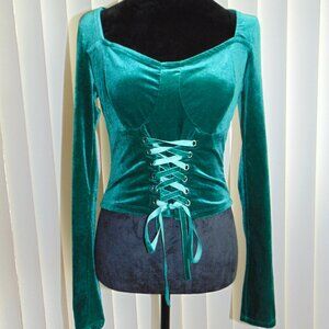 Thorn & Fable Women's Green Velvet Lace Up Cropped Whimsigoth Witchy Blouse S